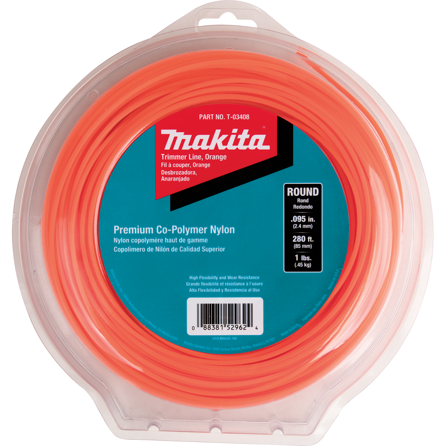 Makita Orange Round Trimmer Line .095x280' #T-03408 Makita Orange Round Trimmer Line .095x280' #T-03408