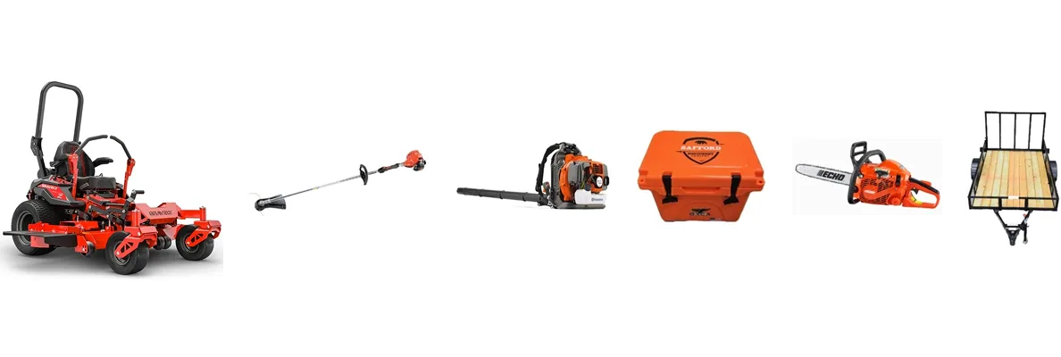 Commercial lawn care equipment package with various tools.
